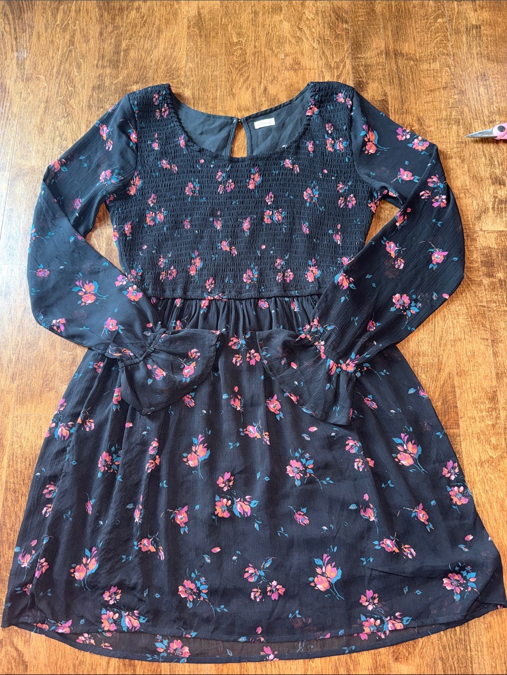 Hollister Black Floral Long-Sleeve Smocked Dress